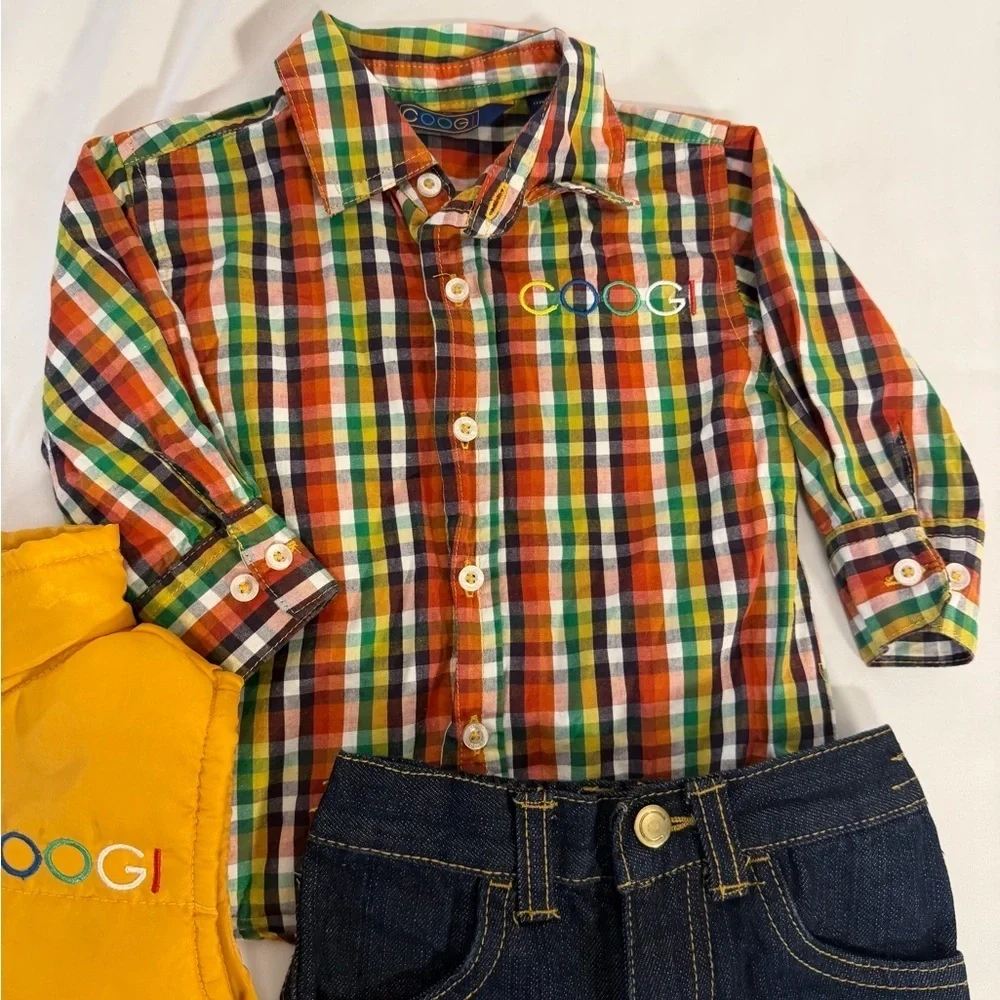Coogi 3 Piece Outfit includes vest, button down shirt, and jeans. Size 12M